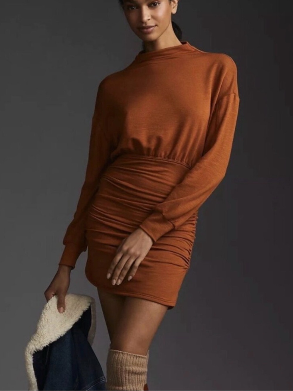 Anthropologie Summit Ruched Cozy Rust Orange Long-Sleeve Mini Dress